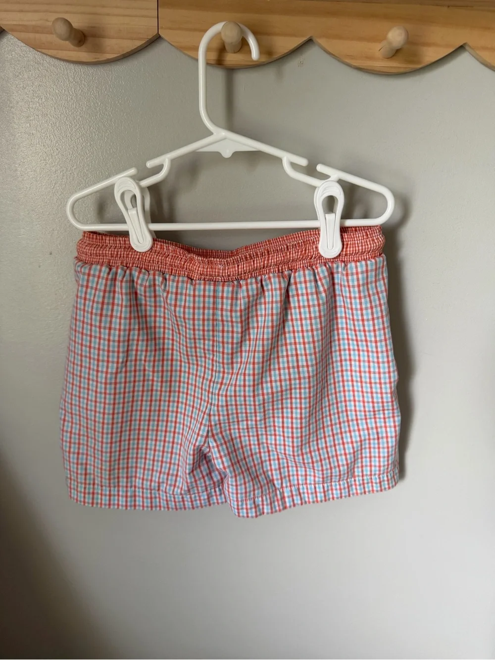 Three Sisters 18M Swim Shorts Blue Orange White Check Crab Drawstring